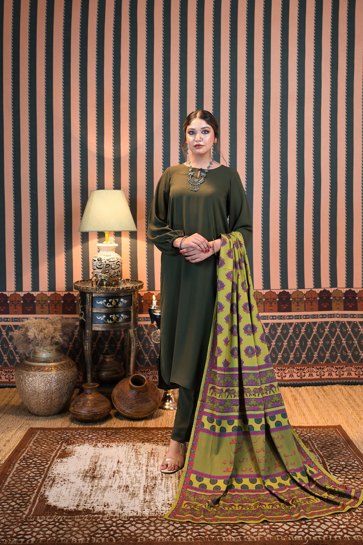 Olive Green Co-Ord Set With Arman Green Dupatta