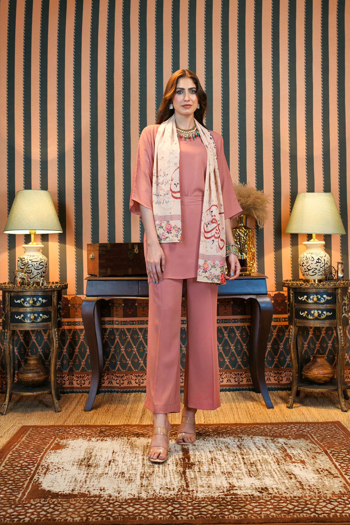 Tea Pink Co-Ord Set Kaftan With Ishq Stoler