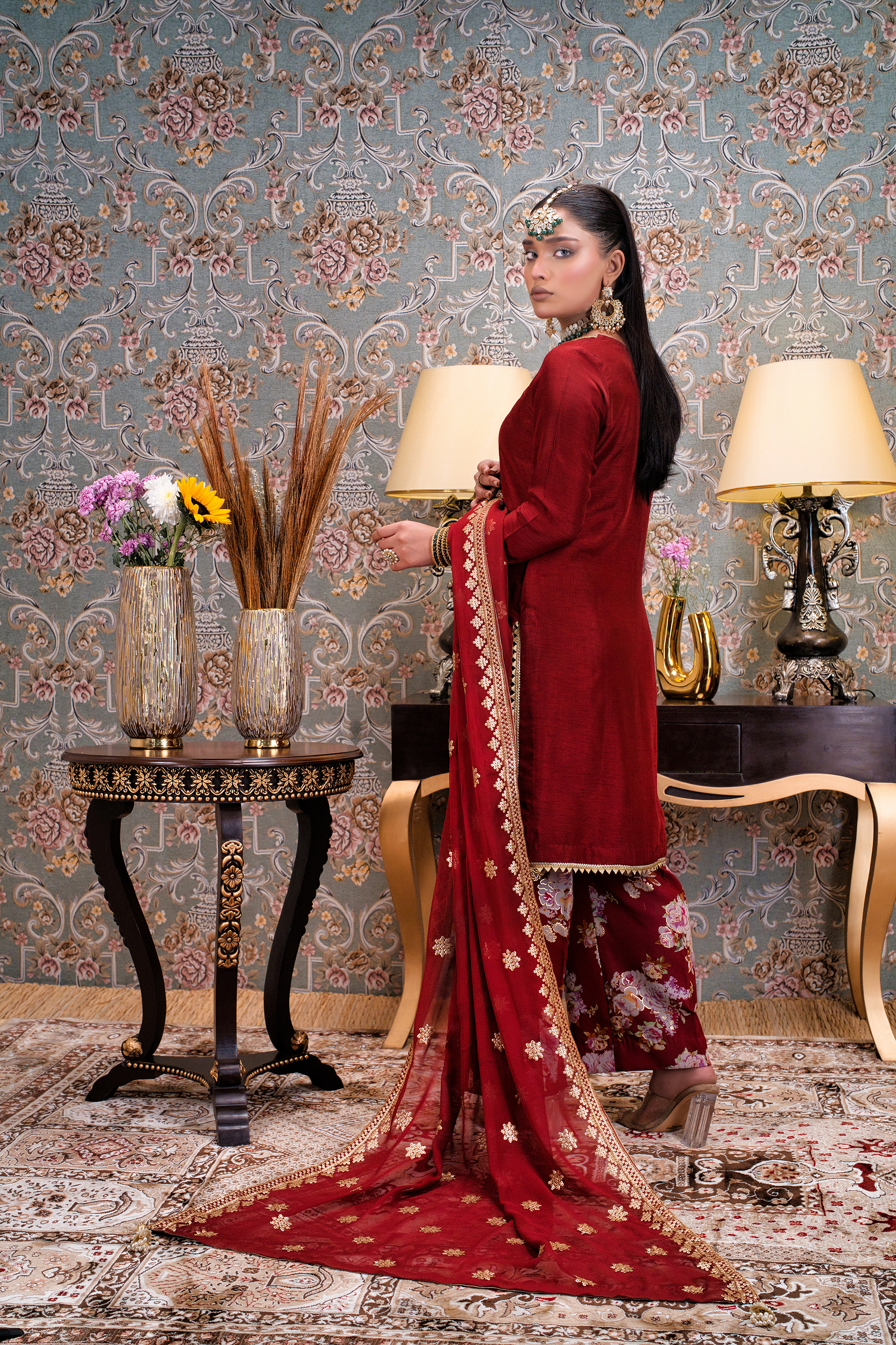 Round Neck Straight Shirt With Printed Trouser and Sequence Dupatta